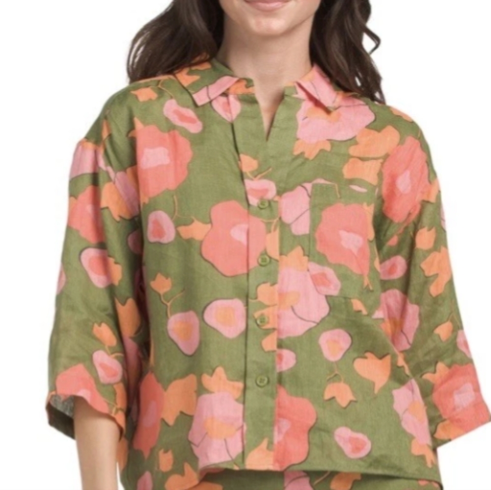 Magaschoni Green and Pink Casual Button Down Shirt with Bold Floral Design